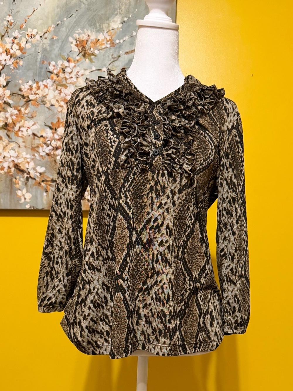 Ruffled Snake-Print Blouse in Brown and Black